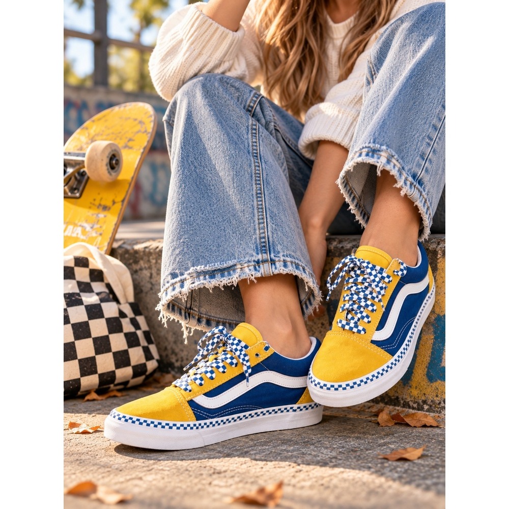 Vans Retro Old Skool Checkerboard Shoes Womens 5 Yellow Blue Skate Y2K Michigan
